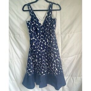 Nine West Navy Blue White Polka Dot V Neck Fit Flare Dress Size 8